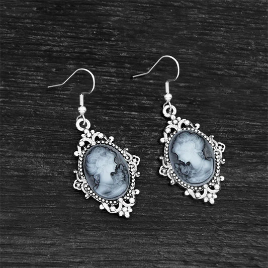Women's Victorian Cameo Antique Portrait Edwardian Silver Filigree Drop Earrings