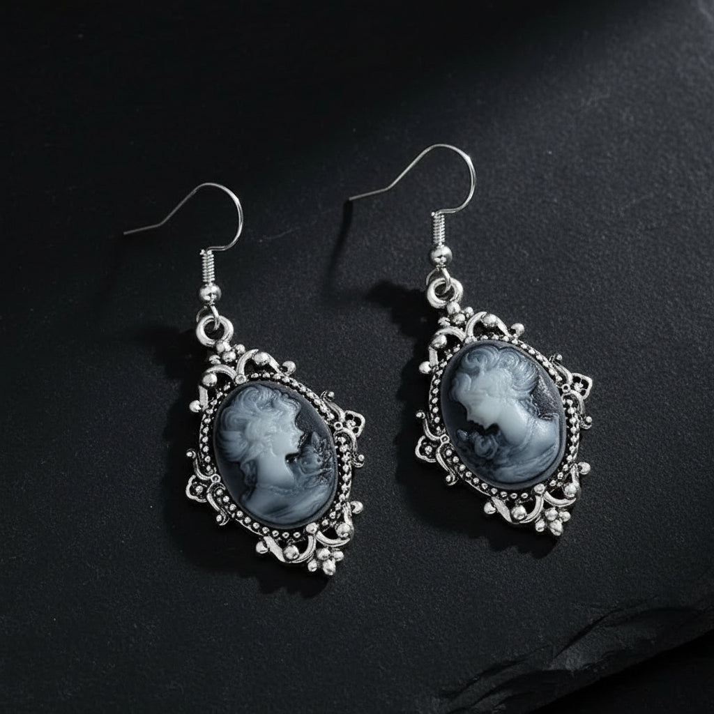 Women's Victorian Cameo Antique Portrait Edwardian Silver Filigree Drop Earrings