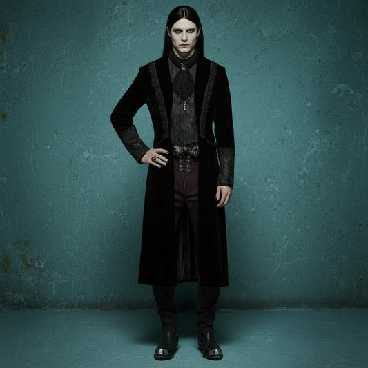 Men’s Gothic Renaissance Velvet Jacquard Slim-Fit Medium-Length Aristocrat Coat