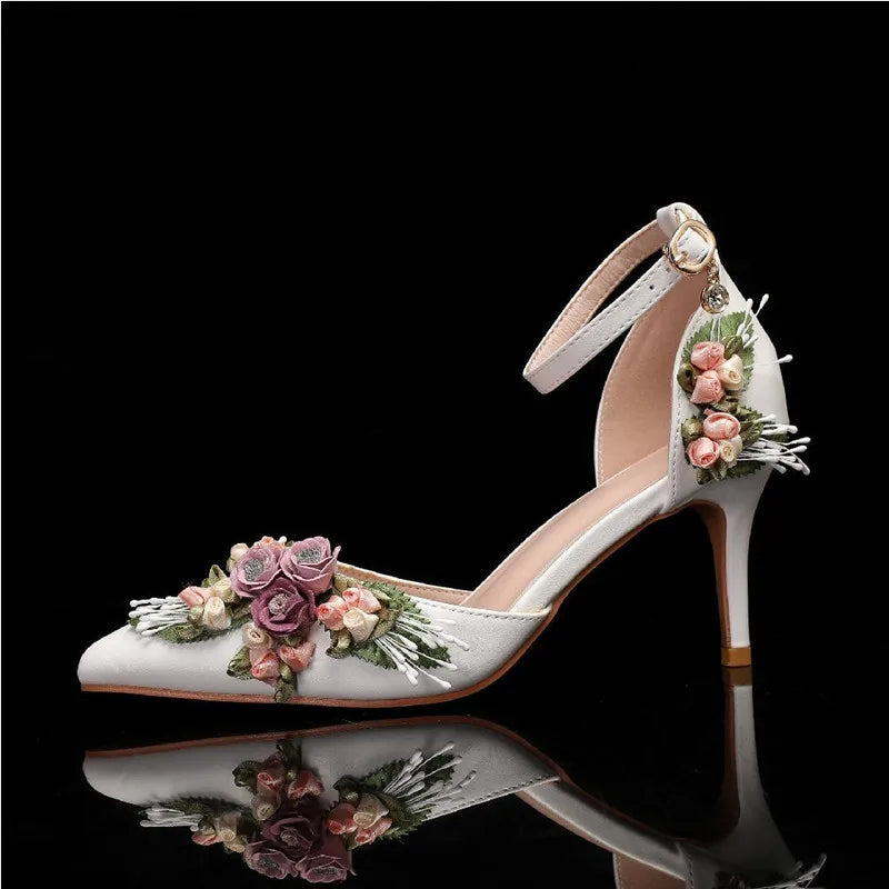 Women's Spring Wedding Floral Bouquet Satin Mary Jane High Heel Pumps