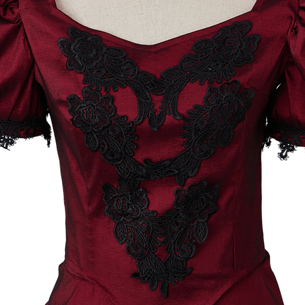 Gothic Victorian Dark Red & Black Evening Gown with Lace Appliqué & Cap Sleeves