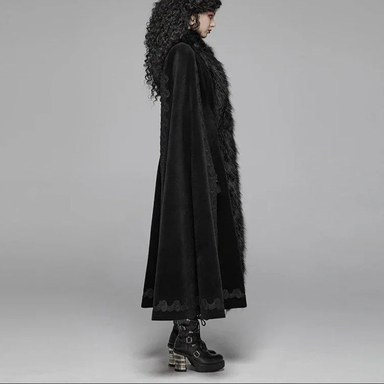 Luxury Gothic Black Embroidered Trench Coat Style Cloak with Fur Trim & Cape Sleeves