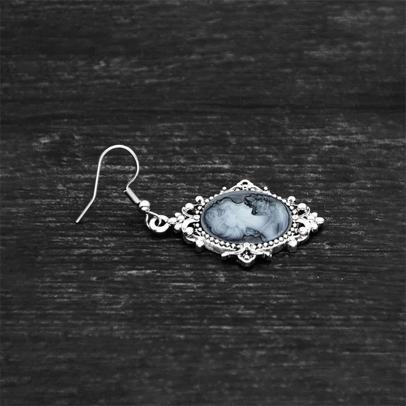 Women's Victorian Cameo Antique Portrait Edwardian Silver Filigree Drop Earrings