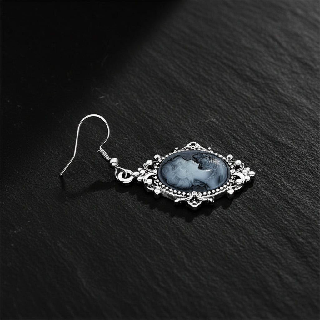 Women's Victorian Cameo Antique Portrait Edwardian Silver Filigree Drop Earrings