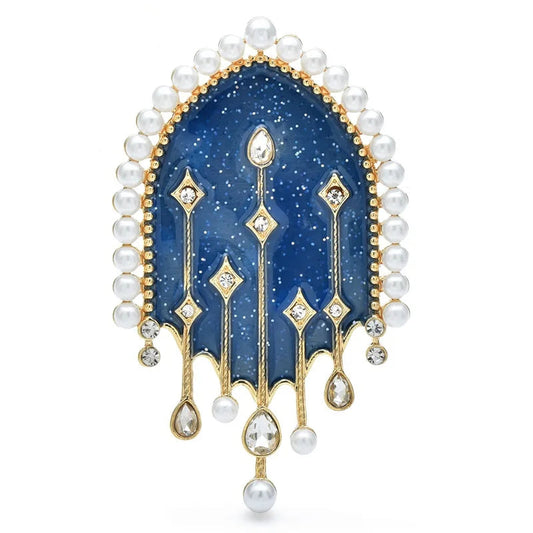 Women's Celestial Night Sky Enamel Brooch with Pearl Studded Arch Window