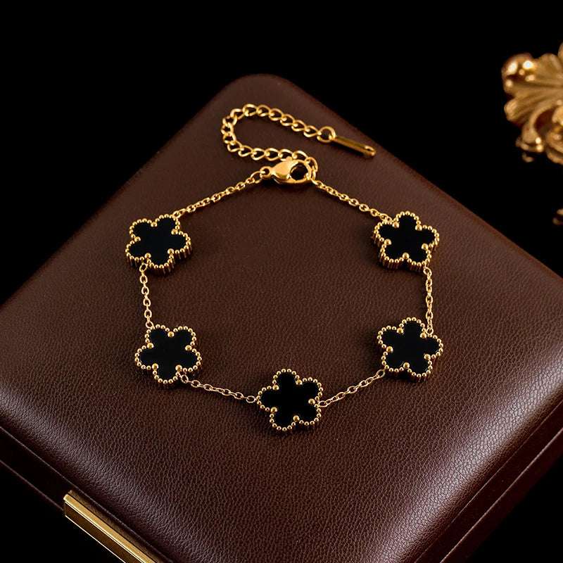 Luxury Black & Gold Five Leaf Clover Flower Necklace, Bracelet & Earrings Set - Lovez Aqua© - Black Bracelet