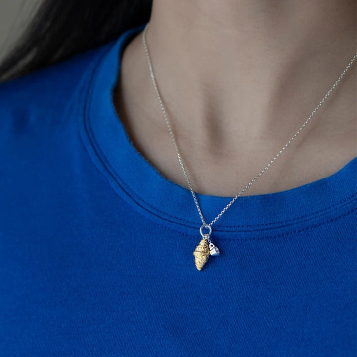 S925 Silver Two Tone 3D Gold Croissant & Tea Cup Women's Pendant Charm - Lovez Aqua© -