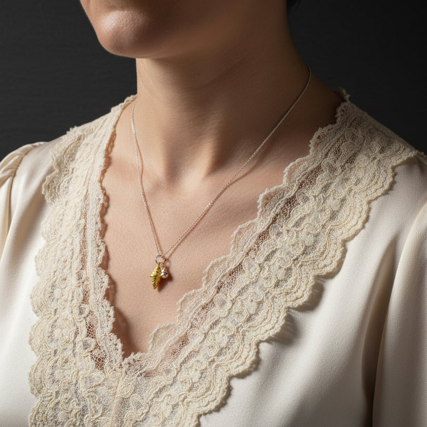 S925 Silver Two Tone 3D Gold Croissant & Tea Cup Women's Pendant Charm - Lovez Aqua© -