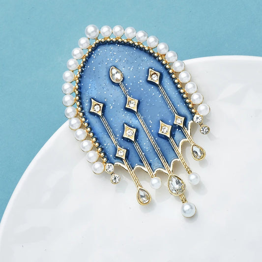 Women's Celestial Night Sky Enamel Brooch with Pearl Studded Arch Window