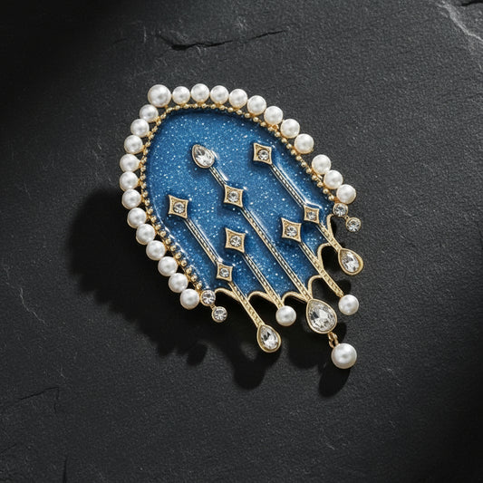 Celestial Night Sky Women's Enamel Brooch with Pearl Studded Arch Window