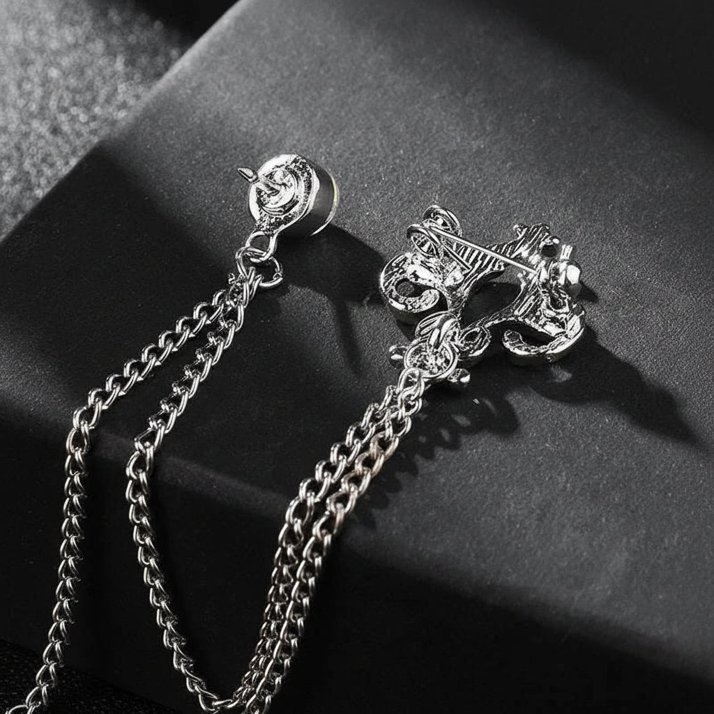 Elegant Fleur de Lis Men's Tassel Chain Brooch Pin with Rhinestone Embellishment - Lovez Aqua© -