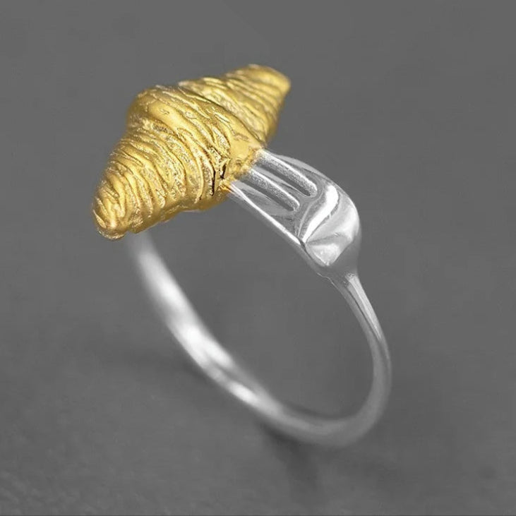 S925 Sterling Silver Two Tone 3D Croissant Fork Women's Open Ring - Lovez Aqua© -