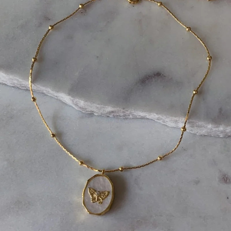 Vintage White Shell Golden Butterfly Photo Frame Gilded Locket Necklace - Lovez Aqua© -