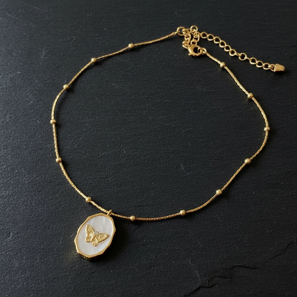 Vintage White Shell Golden Butterfly Photo Frame Gilded Locket Necklace - Lovez Aqua© -