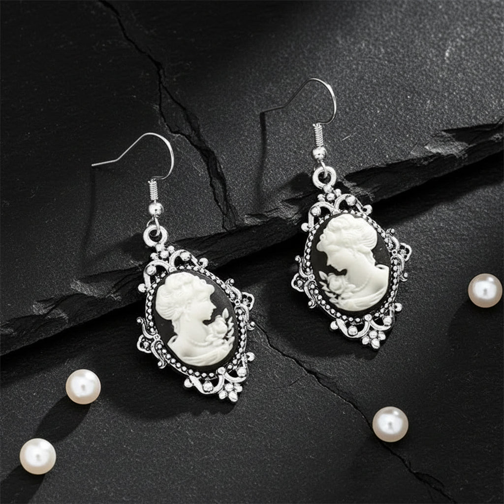 Women's Victorian Cameo Antique Portrait Edwardian Silver Filigree Drop Earrings