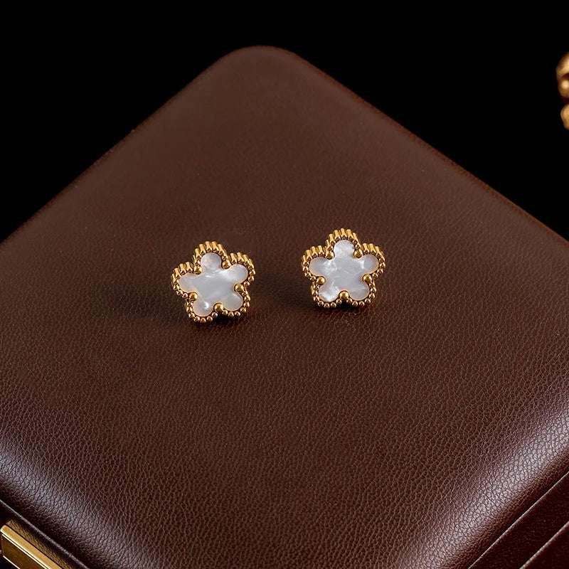 Luxury Black & Gold Five Leaf Clover Flower Necklace, Bracelet & Earrings Set - Lovez Aqua© - White Earrings