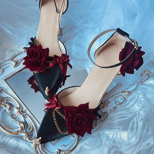 Elegant Gothic Red Rose & Gold Chain Women's Pointed Toe Leather Heeled Pumps