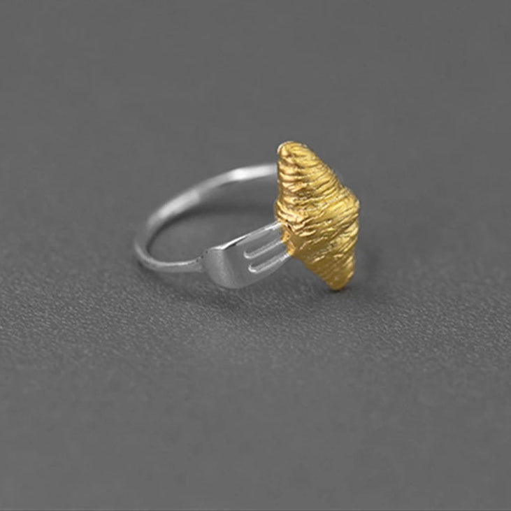 S925 Sterling Silver Two Tone 3D Croissant Fork Women's Open Ring - Lovez Aqua© -