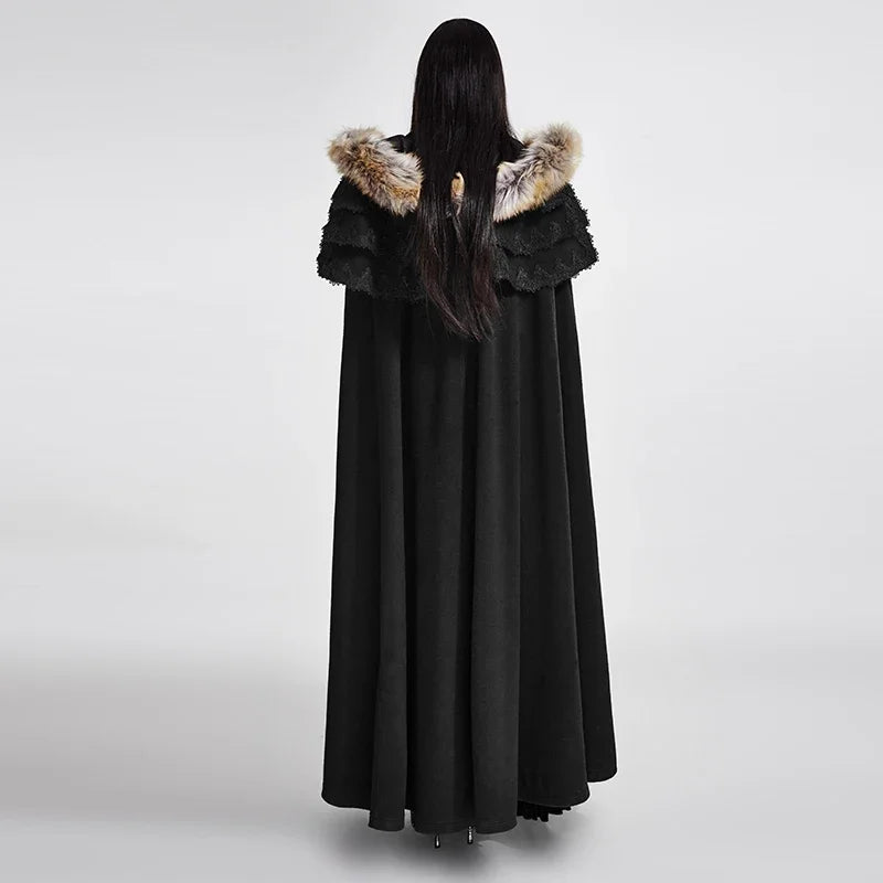 Gothic Renaissance Fur-Trimmed Hooded Women's Medieval Cloak with Ruffled Collar