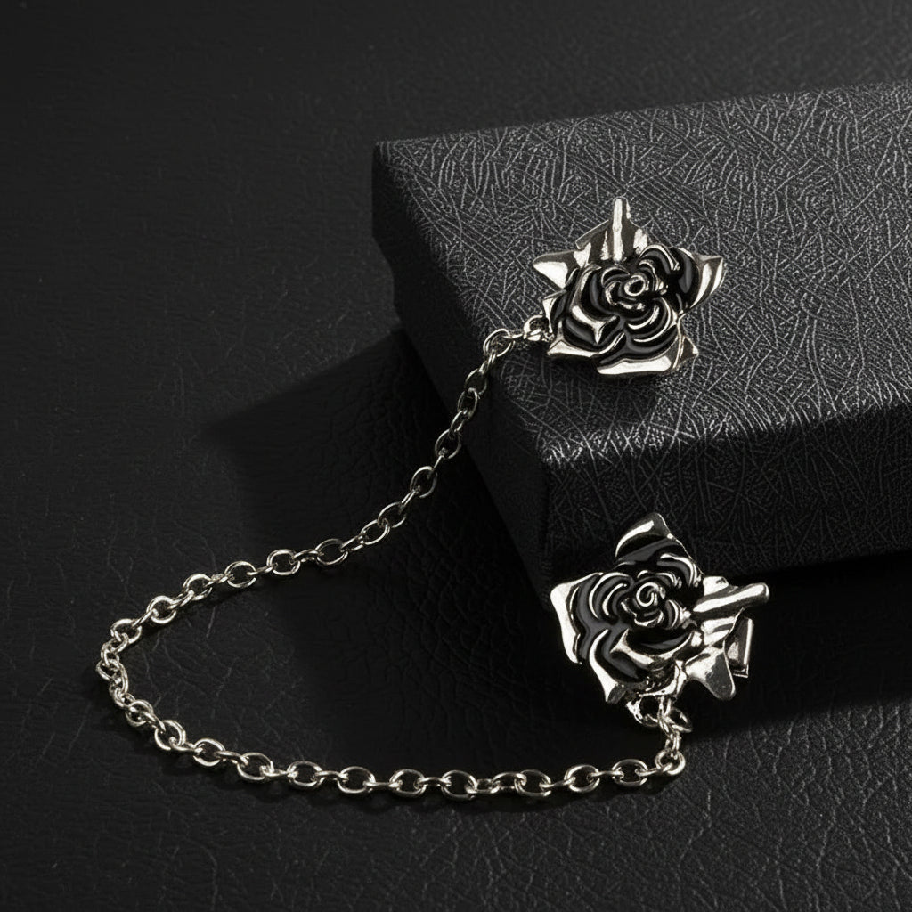 Vintage Gothic Silver Rose Men's Tassel Chain Suit Lapel Brooch Pin - Lovez Aqua© -