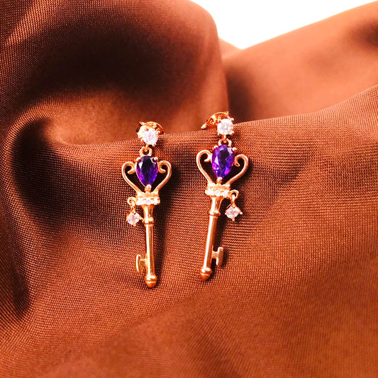 Edwardian Crown Key Natural Teardrop Amethyst Sterling Silver Baroque Earrings