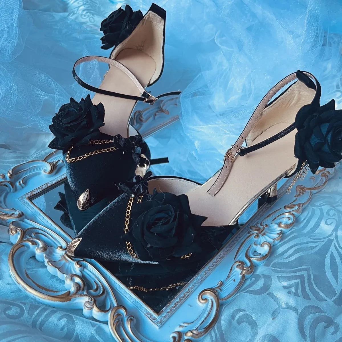 Elegant Gothic Red Rose & Gold Chain Women's Pointed Toe Leather Heeled Pumps