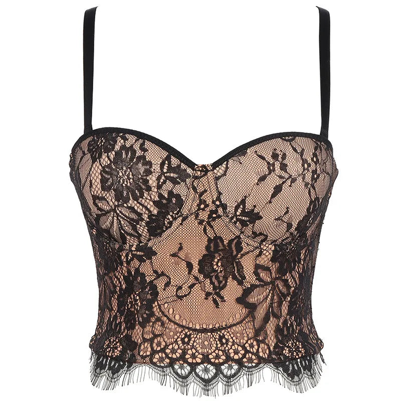 Gothic Floral Lace Women's Overbust Boned Corset Top with Sheer Mesh