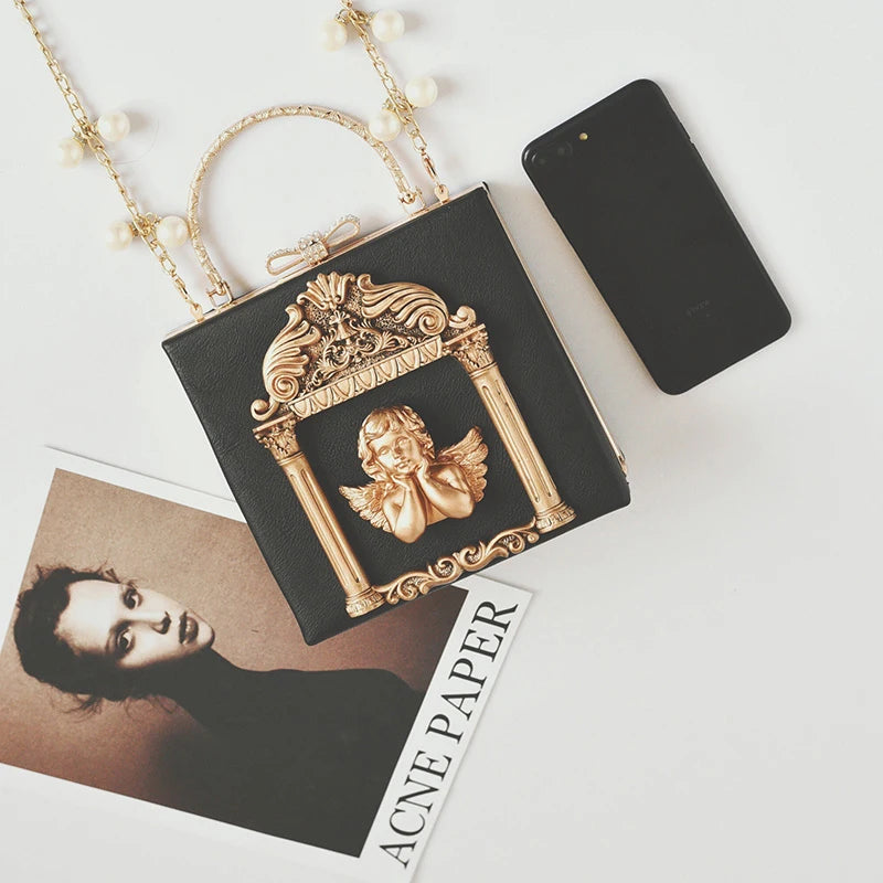 Luxury Cupid Angel Gilded Vintage Style Square Faux Leather Women's Handbag - Lovez Aqua© -