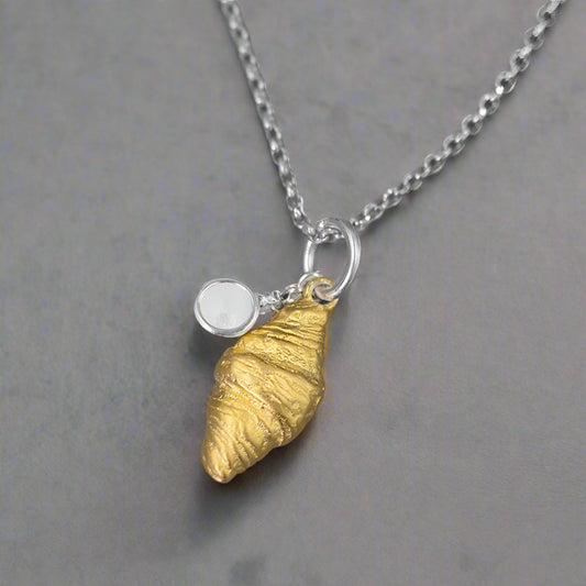 S925 Silver Two Tone 3D Gold Croissant & Tea Cup Women's Pendant Charm - Lovez Aqua© -