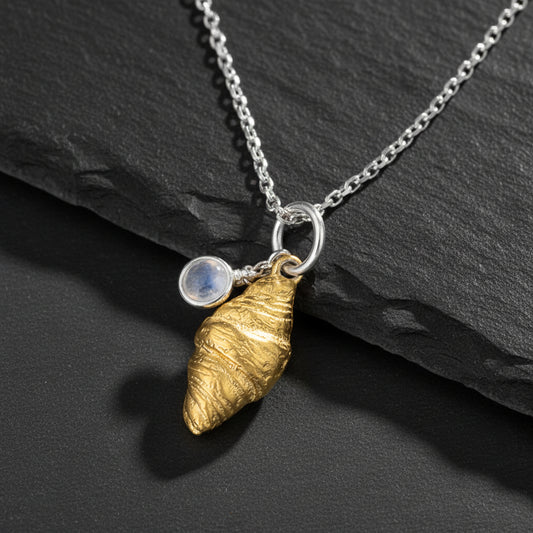 S925 Silver Two Tone 3D Gold Croissant & Tea Cup Women's Pendant Charm - Lovez Aqua© -