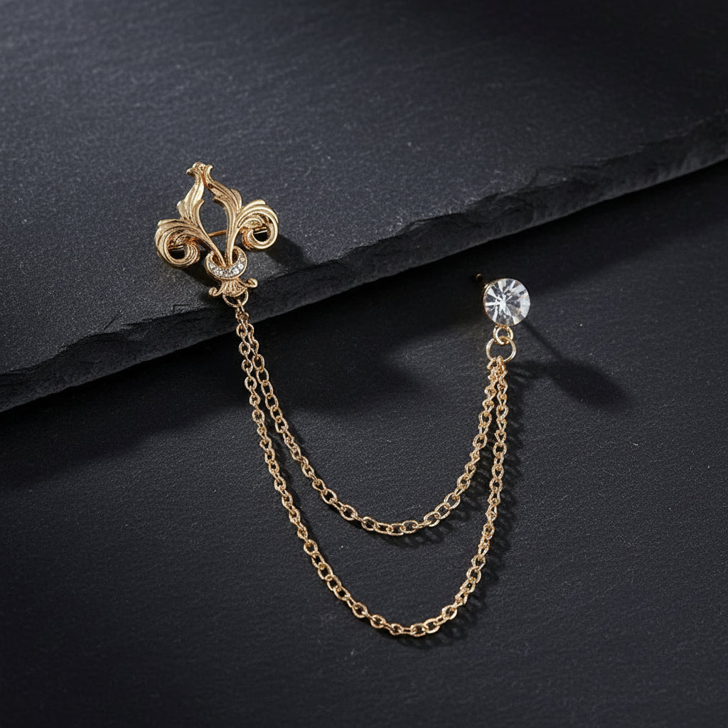 Elegant Fleur de Lis Men's Tassel Chain Brooch Pin with Rhinestone Embellishment - Lovez Aqua© - Gold