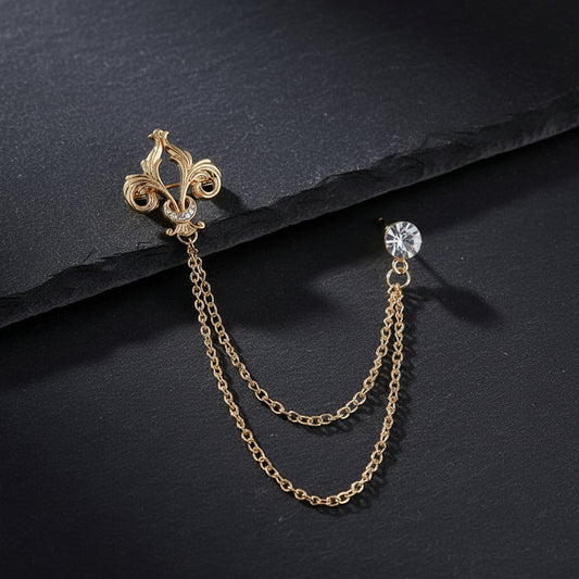 Elegant Fleur de Lis Men's Tassel Chain Brooch Pin with Rhinestone Embellishment - Lovez Aqua© - Gold