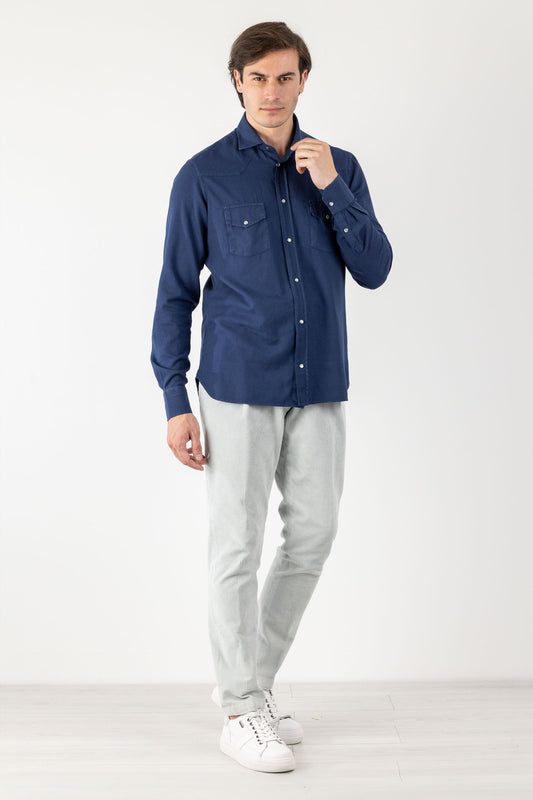 Men's Long Sleeve Button-Down Navy Blue Cotton & Viscose Shirt with Dual Pockets