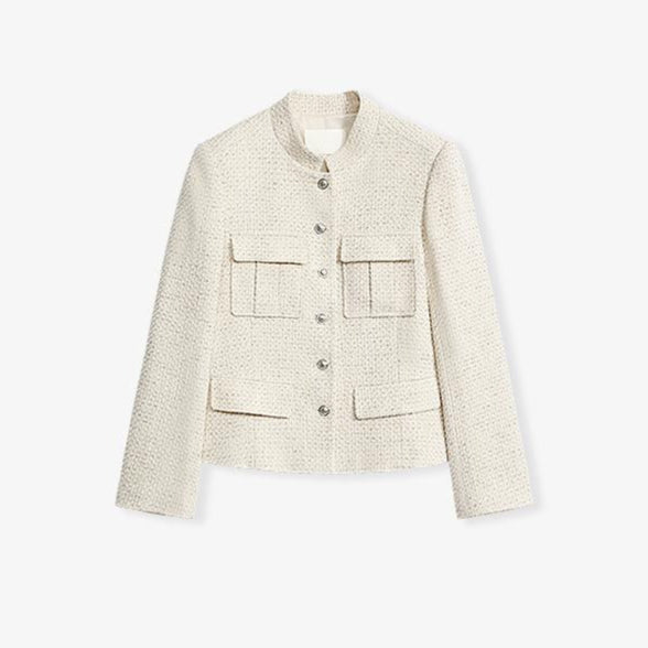 Women's Woolen Blend Tweed Cropped Blazer Jacket with Stand Collar