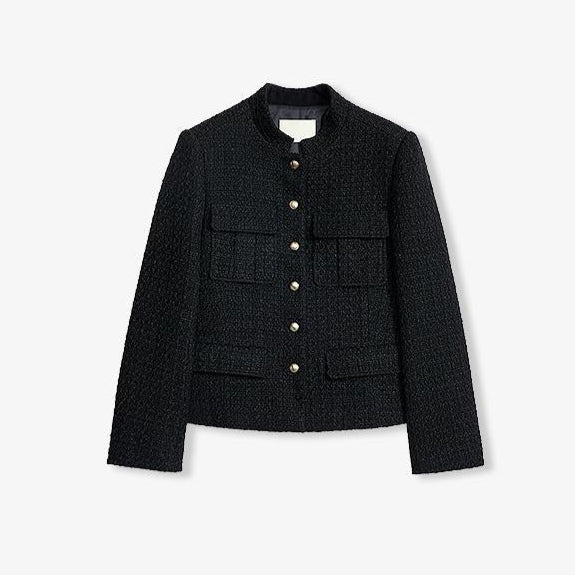 Women's Woolen Blend Tweed Cropped Blazer Jacket with Stand Collar