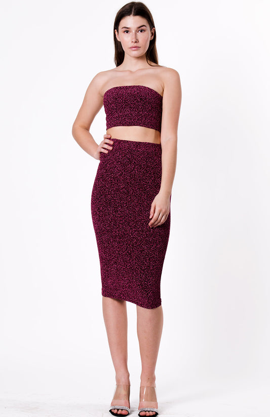 Women's Two-Piece Burgundy Glitter Strapless Crop Top & Midi Skirt Set