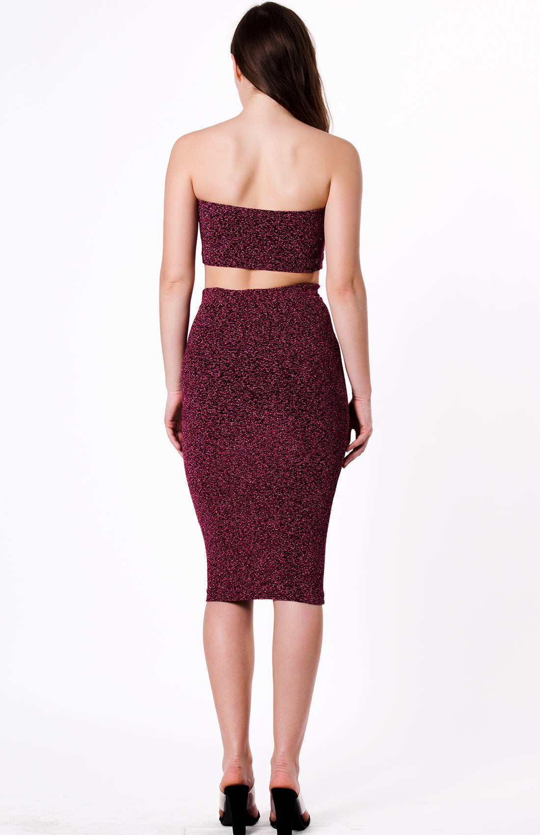 Women's Two-Piece Burgundy Glitter Strapless Crop Top & Midi Skirt Set