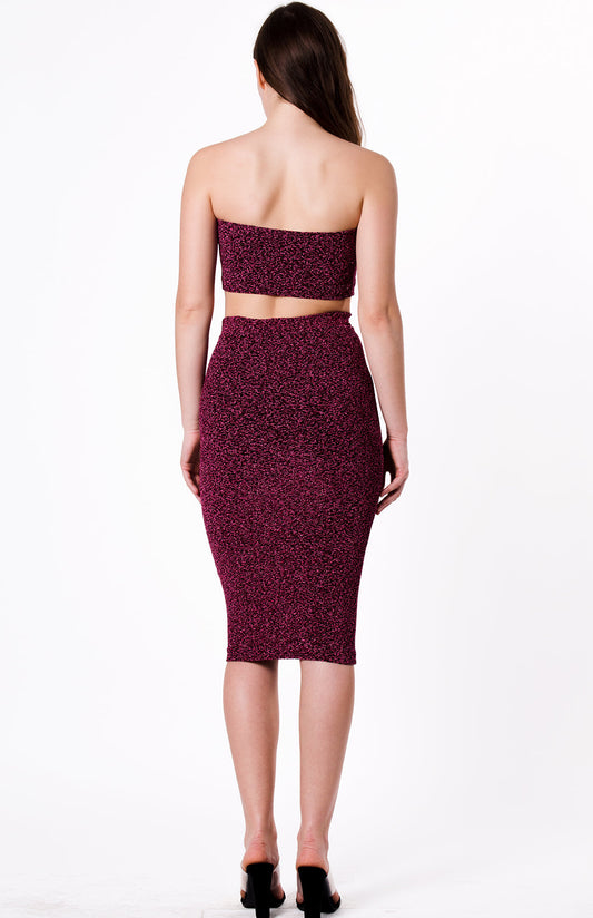 Women's Two-Piece Burgundy Glitter Strapless Crop Top & Midi Skirt Set