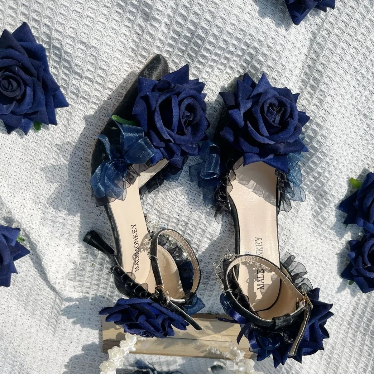 Gothic Dark Blue Rose Faux Leather Women's Pumps with Low Heel & Silver Charms