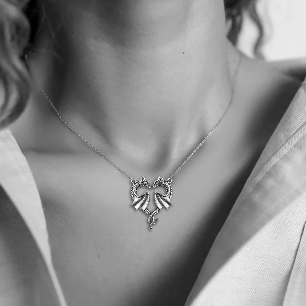 Fourth Wing Stainless Steel Entwined Dragon Couple Heart Shaped Necklace - Fourth Wing -