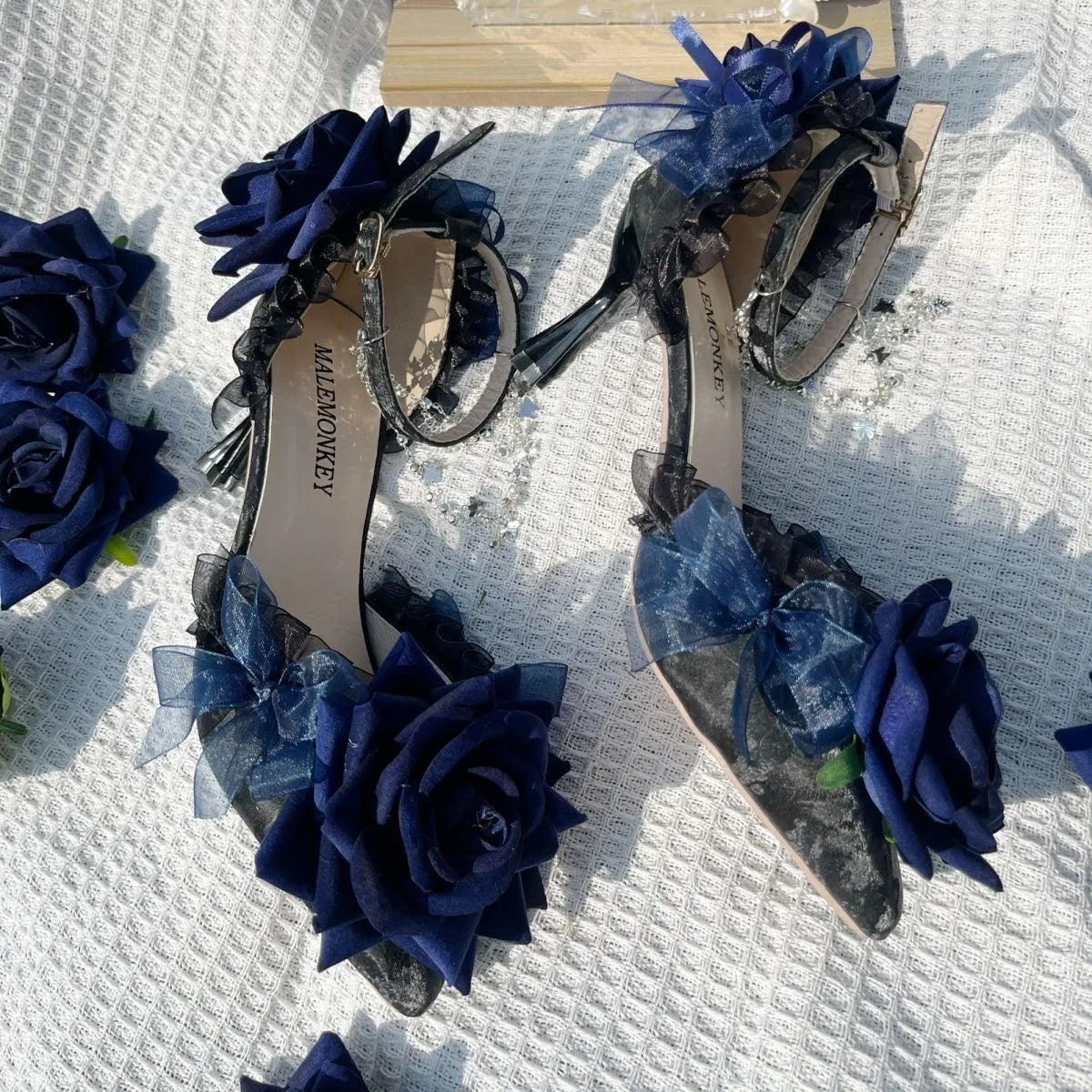 Gothic Dark Blue Rose Faux Leather Women's Pumps with Low Heel & Silver Charms