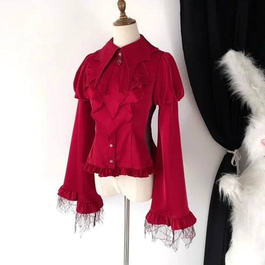 Women's Gothic Vampire Edgy Ruffled Shirt Blouse with Flared Lace Cuffed Sleeves