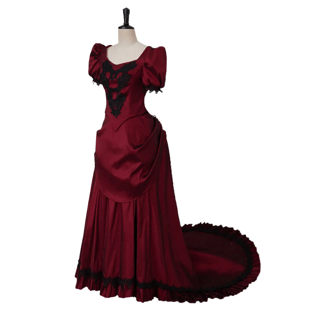 Gothic Victorian Dark Red & Black Evening Gown with Lace Appliqué & Cap Sleeves