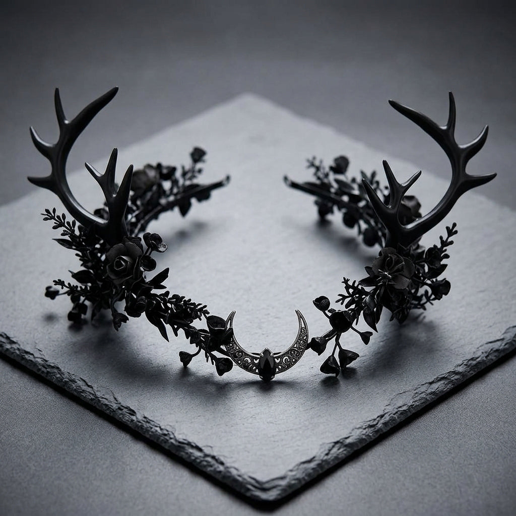 black antler crown, deer antler headpiece, woodland witch crown, gothic forest headpiece, dark fairy crown, witch headdress, forest witch accessories, woodland goddess crown, dark fae headpiece, nature inspired crown, Renaissance faire headpiece, druid costume crown, pagan inspired headpiece, forest nymph crown, healer costume accessory, handfasting headpiece, gothic floral crown, black deer horns, fantasy antler crown, woodland wedding crown