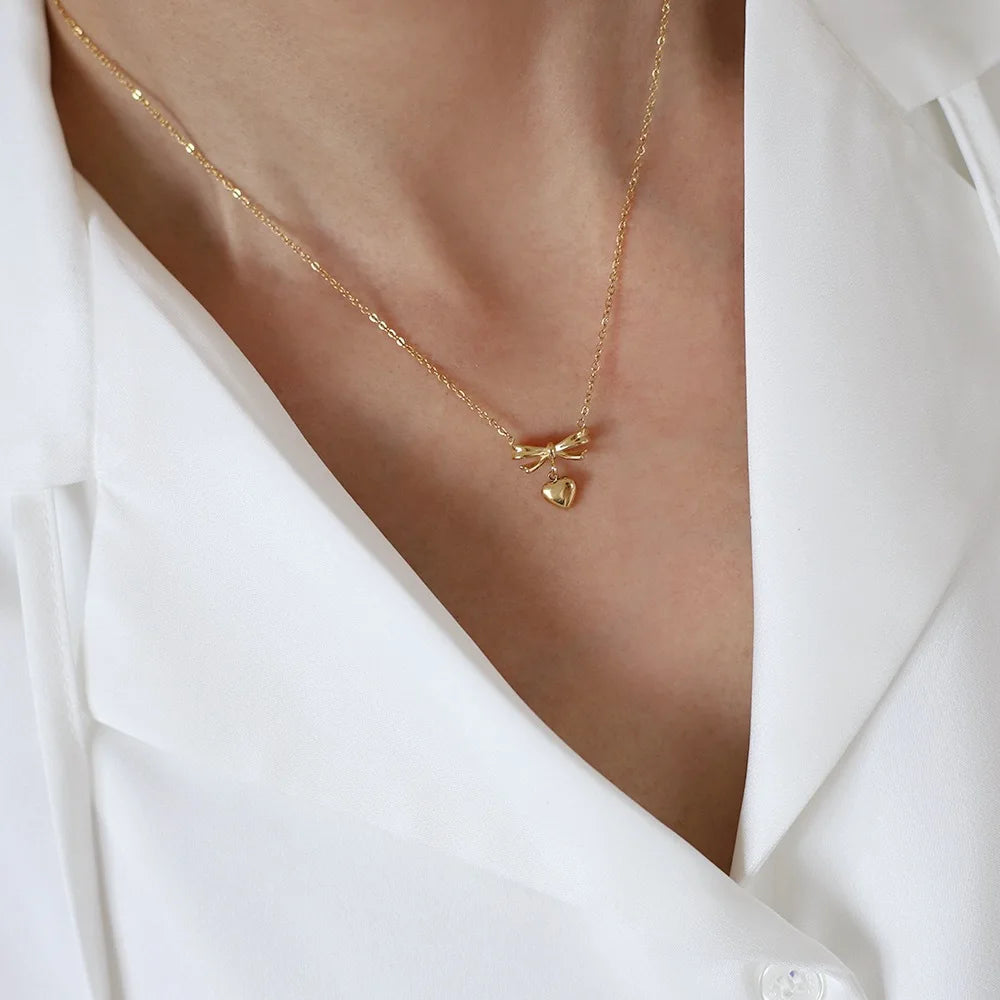 Women's Golden Heart & Bow Stainless Steel Romantic Pendant Necklace - Lovez Aqua© -