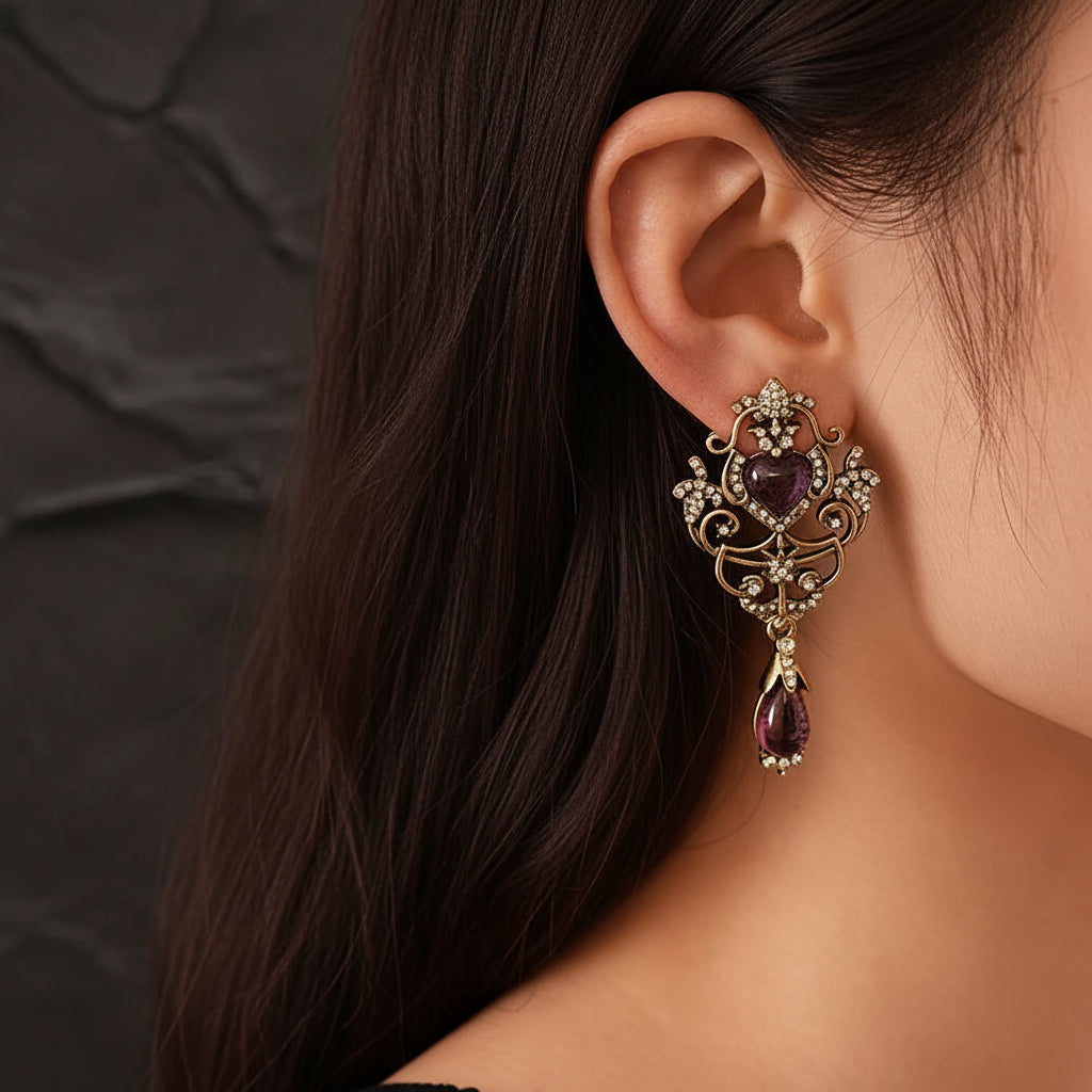 Women's Antique Gold & Magenta Retro Palace Dangle Earrings