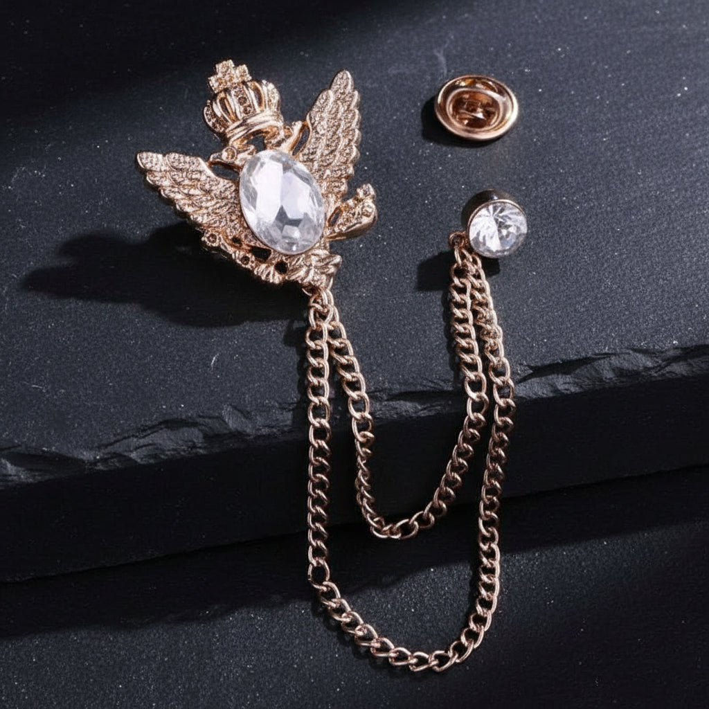 Regal Crowned Double Hawk Fringed Chain Lapel Brooch Pin with Rhinestones - Lovez Aqua© - White 1