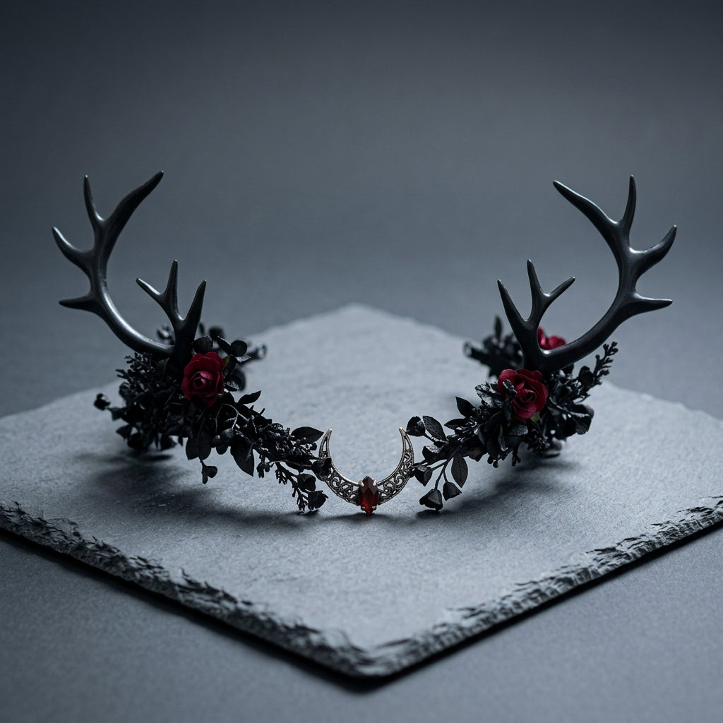 black antler crown, deer antler headpiece, woodland witch crown, gothic forest headpiece, dark fairy crown, witch headdress, forest witch accessories, woodland goddess crown, dark fae headpiece, nature inspired crown, Renaissance faire headpiece, druid costume crown, pagan inspired headpiece, forest nymph crown, healer costume accessory, handfasting headpiece, gothic floral crown, black deer horns, fantasy antler crown, woodland wedding crown
