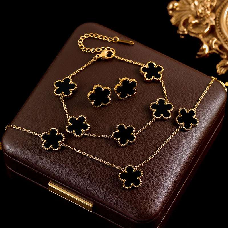 Luxury Black & Gold Five Leaf Clover Flower Necklace, Bracelet & Earrings Set - Lovez Aqua© - Black Set