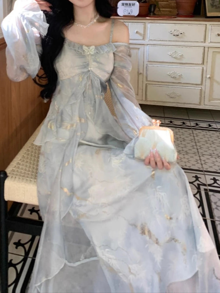 Ethereal Flowing Pastel Blue Dress with Ruffled Long Sleeves & Gold Accents - Lovez Aqua© -